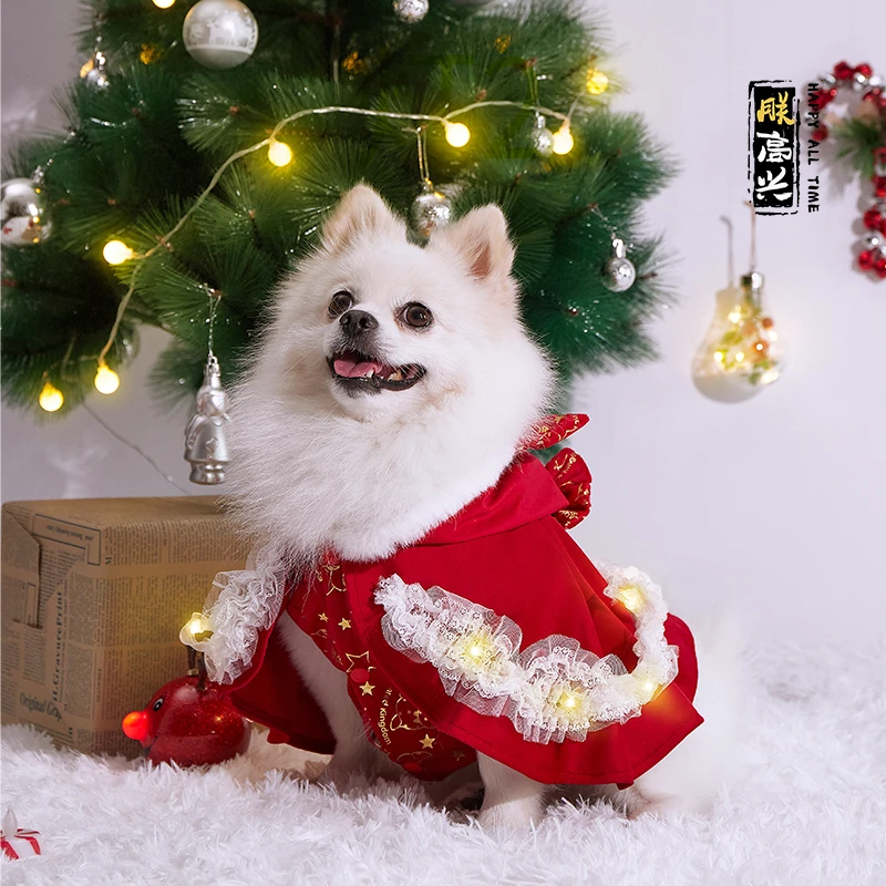 朕高兴宠物新年斗篷猫咪狗狗衣服秋冬带牵引可爱原创手工柔软丝绒