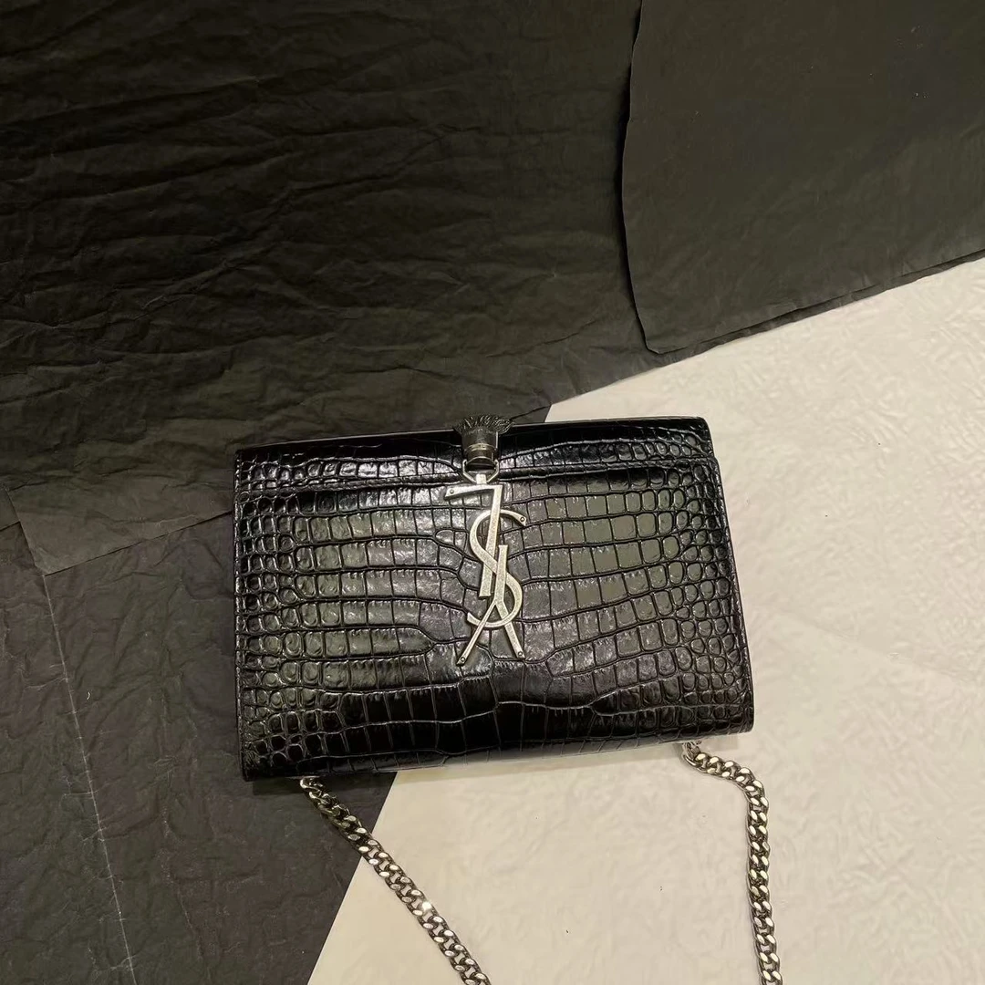 95新 YSL/圣罗兰 【小考拉】YSL 黑银流苏小号鳄压kate斜挎包