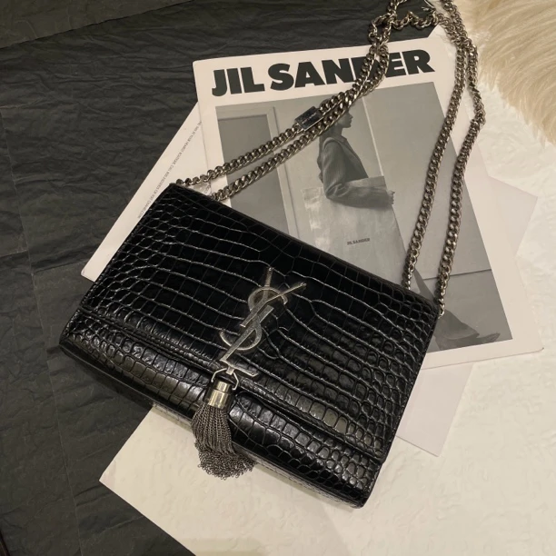 95新 YSL/圣罗兰 【小考拉】圣罗兰 黑银小号压额kate斜挎包