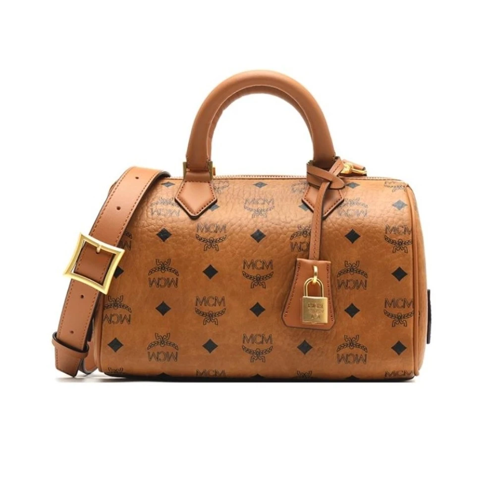 99新 MCM 新款锁头波士顿小号干邑色包/LZ00513