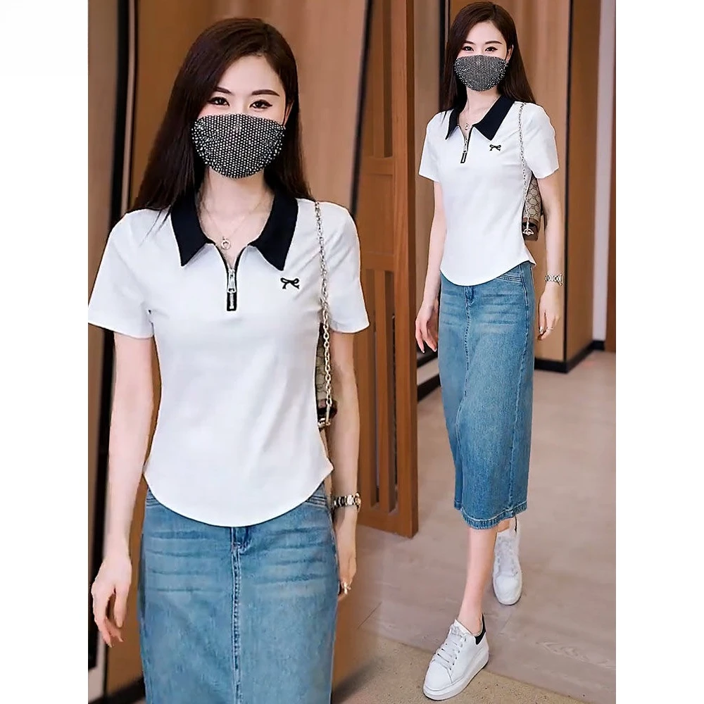 棉新款拼色短袖T恤女POLO领短款体恤洋气时尚ins
