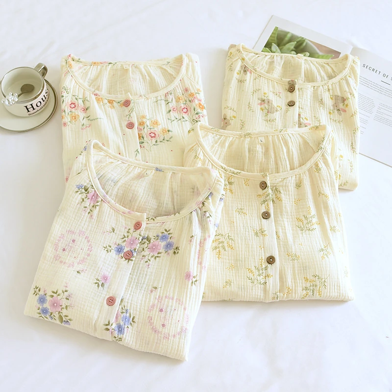 大码绉布月子服免穿文胸产后纯棉喂奶哺乳自带胸垫孕妇睡衣女春秋