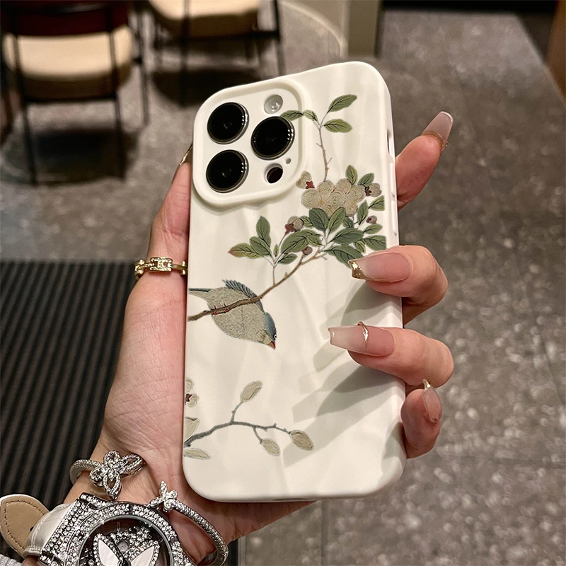 复古国风花iphone15苹果手机壳14promax软褶皱13pro高级12P全包