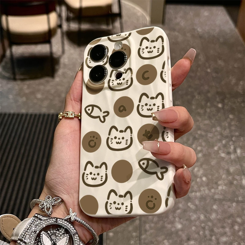可爱猫吃鱼iphone15苹果手机壳14promax褶皱13pro高级12包11潮ins