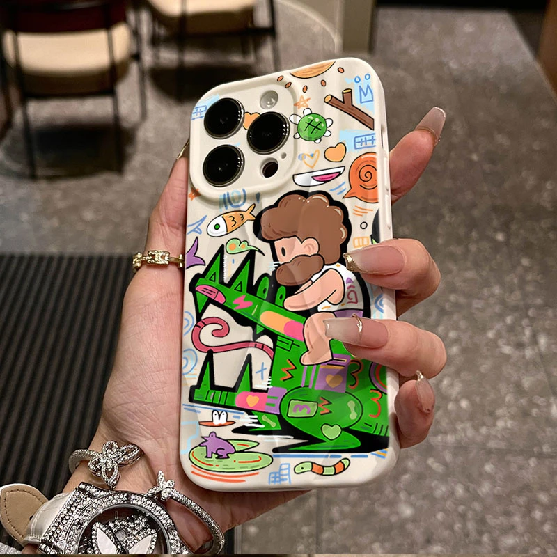 涂鸦鳄鱼骑士适用iphone16苹果15pro手机壳14plus褶皱13磨砂12/11