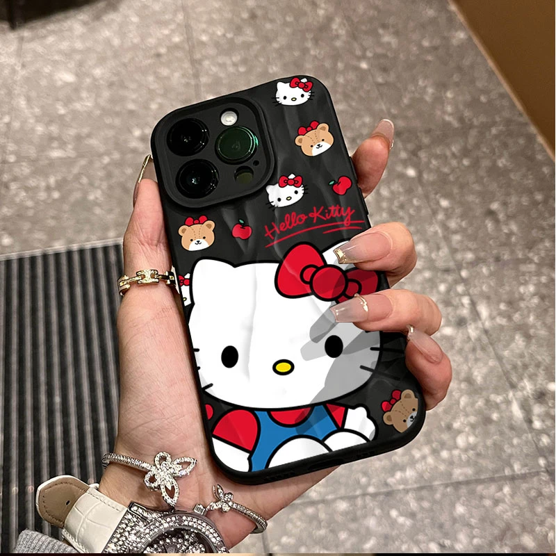 蹲地凯蒂猫适用iphone16/15苹果12褶皱手机壳14promax防摔13软11