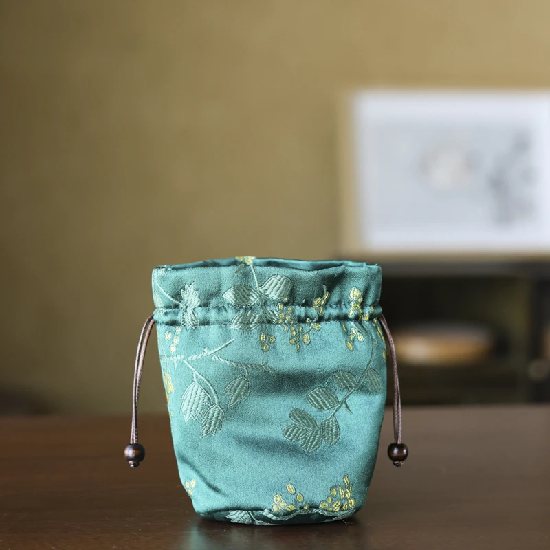 【静姐小院】布袋绿桂花皮绳圆口单杯袋茶杯收纳袋（V1632）