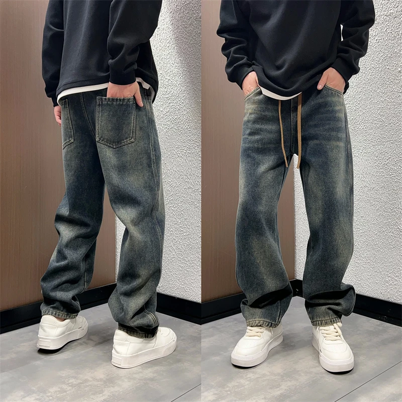 秋冬季美式高街渐变宽松加绒水洗牛仔裤潮流百搭休闲阔腿垂感长裤