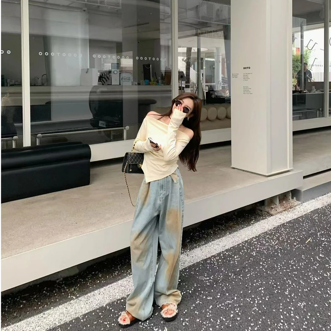 米娜家【街拍密码】一字肩小衫/晕染水洗做旧烫钻阔腿裤