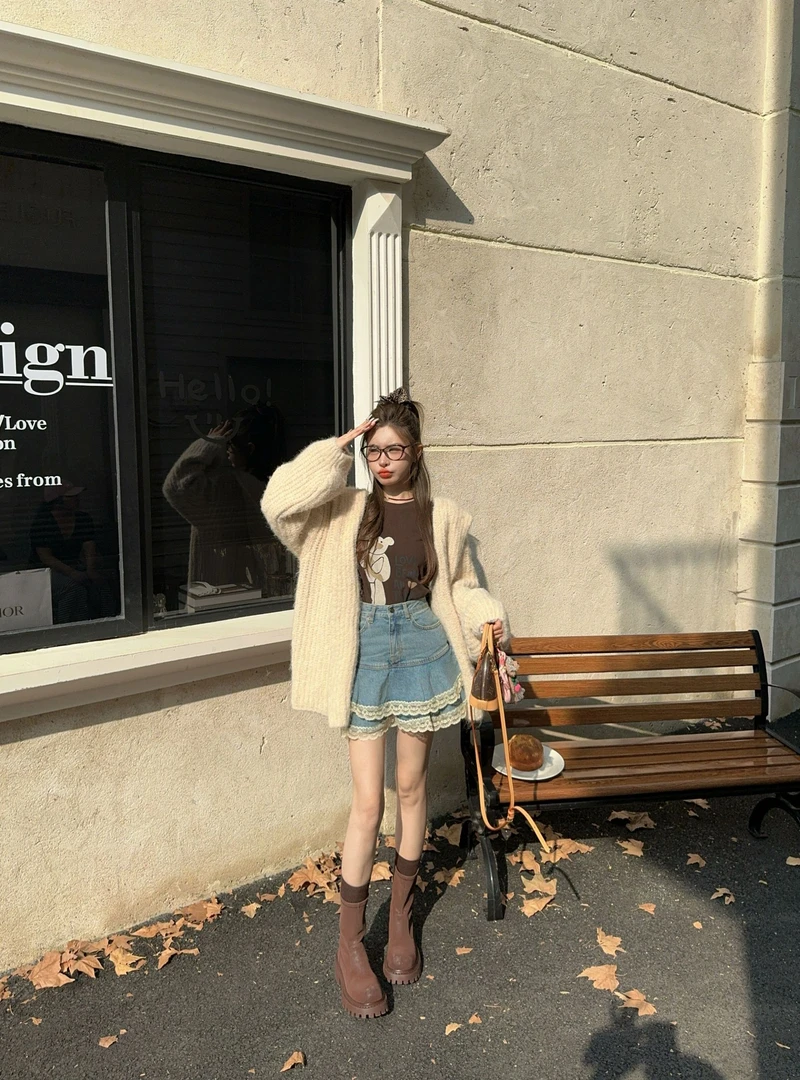 米娜家【冬日氛围】泡菜订制重工蕾丝边牛仔半裙