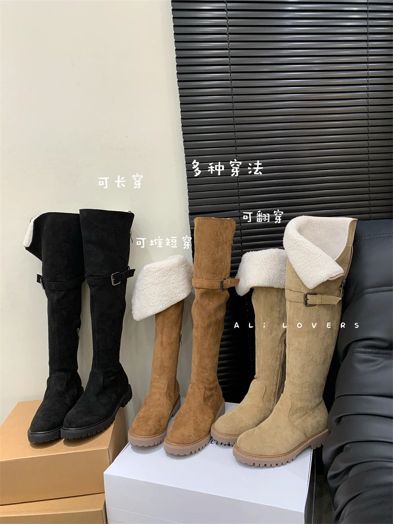 米娜家显瘦过膝靴羊羔毛高筒靴