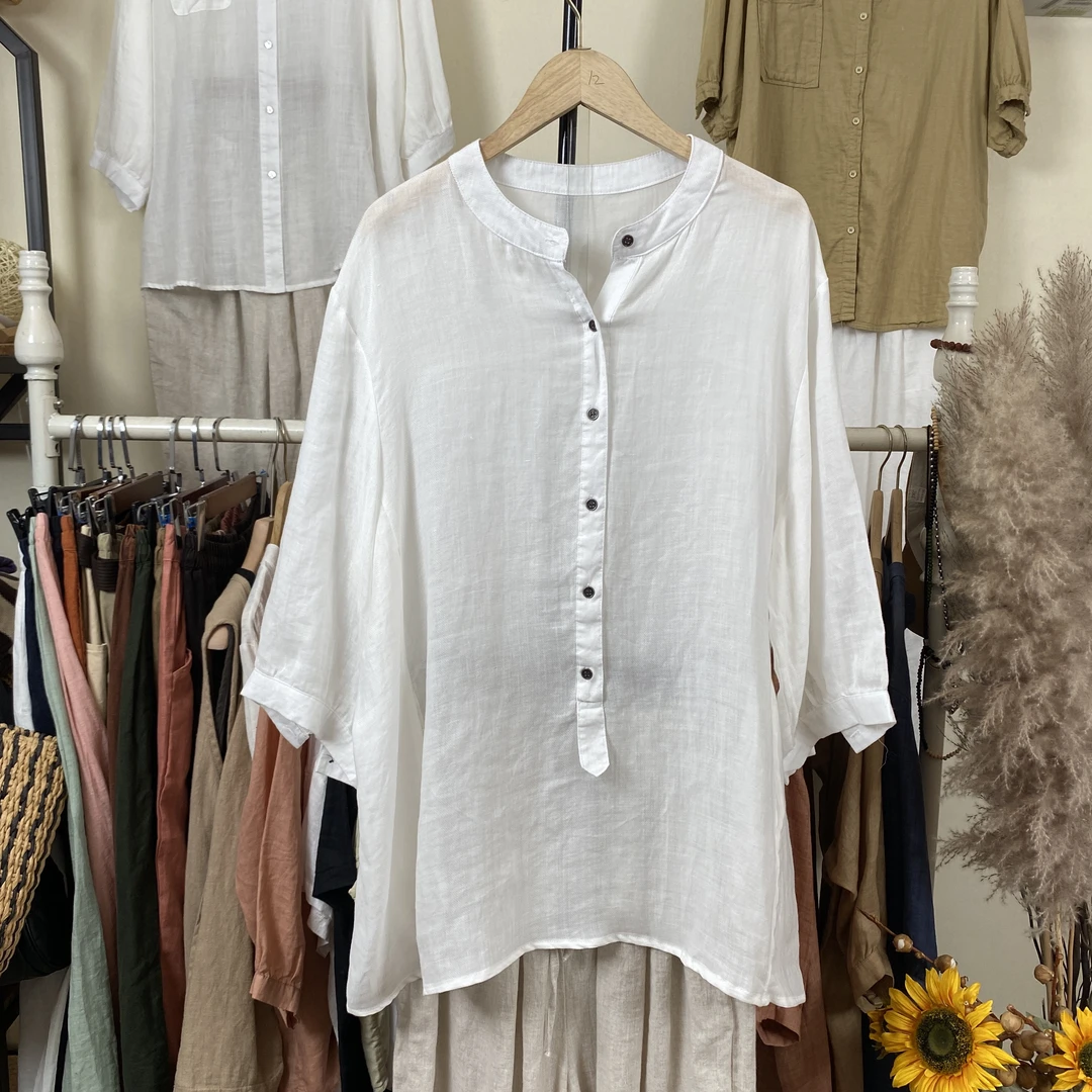 夏季新款苎麻圆领休闲宽松文艺百搭大码衬衣时尚高级感上衣8030