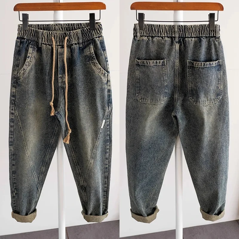 抽绳松紧腰男士牛仔裤美式复古宽松水洗百搭锥形小脚直筒哈伦裤男