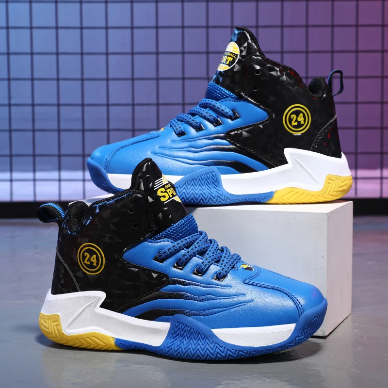 男孩篮球鞋秋冬季新款防滑皮面学生篮球运动鞋男孩旋转纽扣跑步鞋