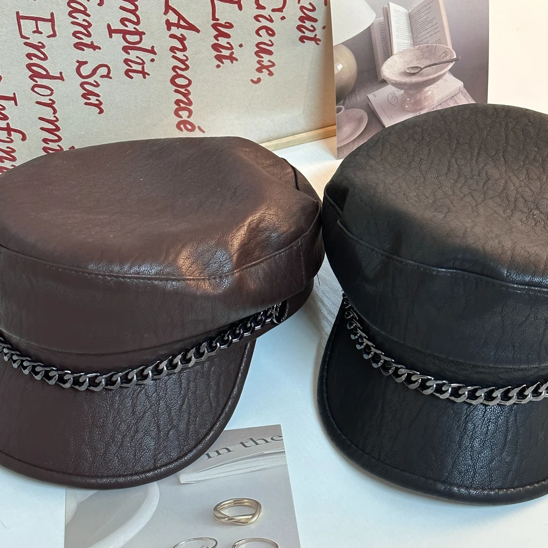 PU皮链条百搭报童帽平顶休闲时尚鸭舌帽逛街遮阳八角日系简约英伦