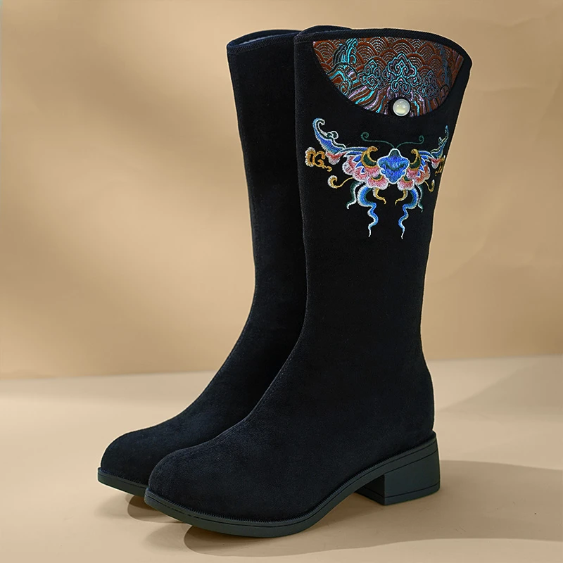 长荣新款复古秋冬高筒手工刺绣国风高靴中国风绣花布鞋女223-68