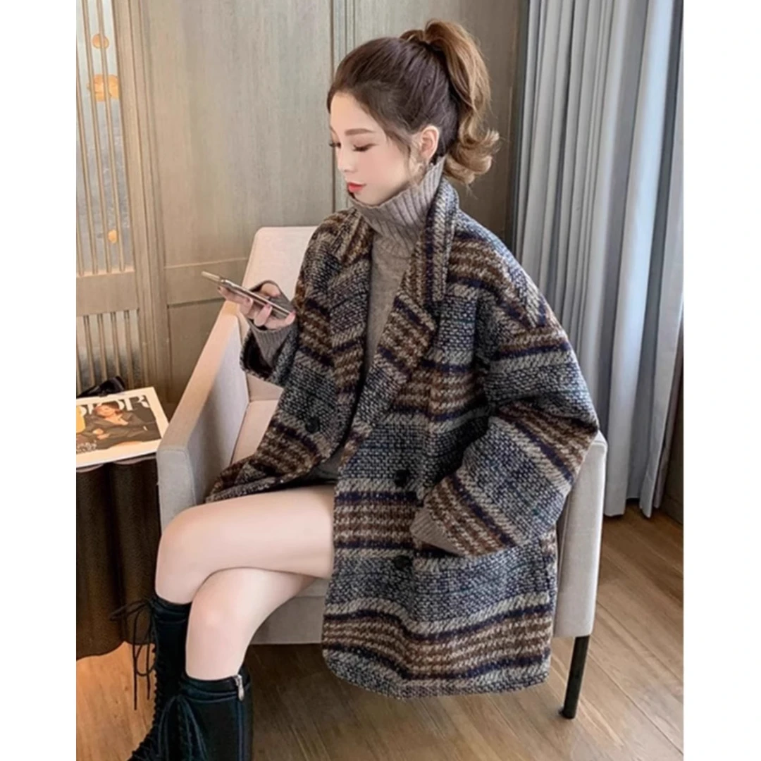 高级感格子时尚西装外套女秋冬季新款加厚宽松英伦风休闲呢子大衣