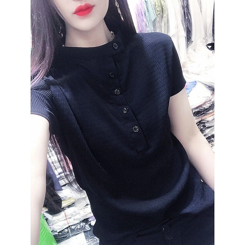 欧货洋气短袖雪纺衫上衣2025新款夏季设计感黑色显瘦气质立领衬衫