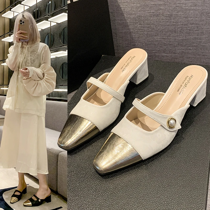 半包头拖鞋女外穿拼色夏季洋气玛丽珍鞋方头粗跟银色凉拖鞋派ZK20