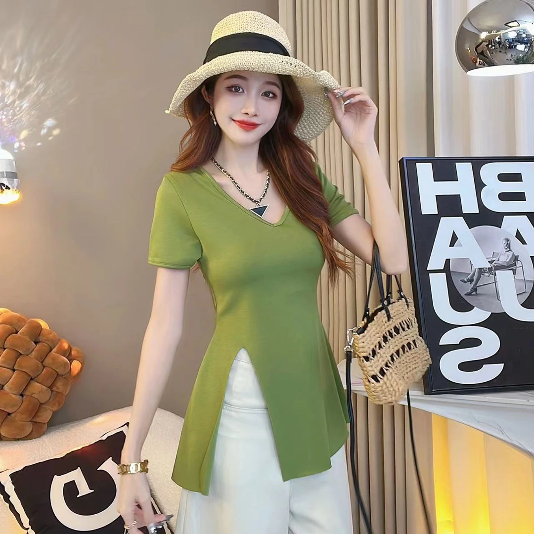 笑歌【V领开叉收腰显瘦短袖上衣】春夏季新款上衣设计感上衣