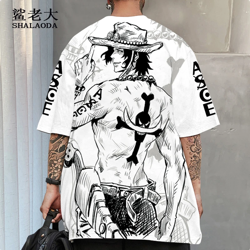 海贼王联名短袖落肩T恤男二次元大码加肥体恤衫薄款青少年半截袖