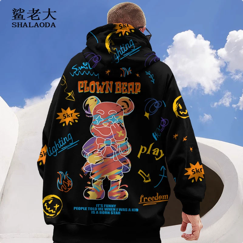 涂鸦小熊印花卫衣男士连帽宽松2026新款秋冬外套大码加绒加厚上衣
