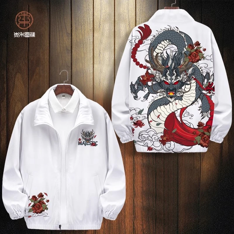 ins国潮龙印花夹克外套男oversize设计感小众翻领开衫秋冬厚上衣