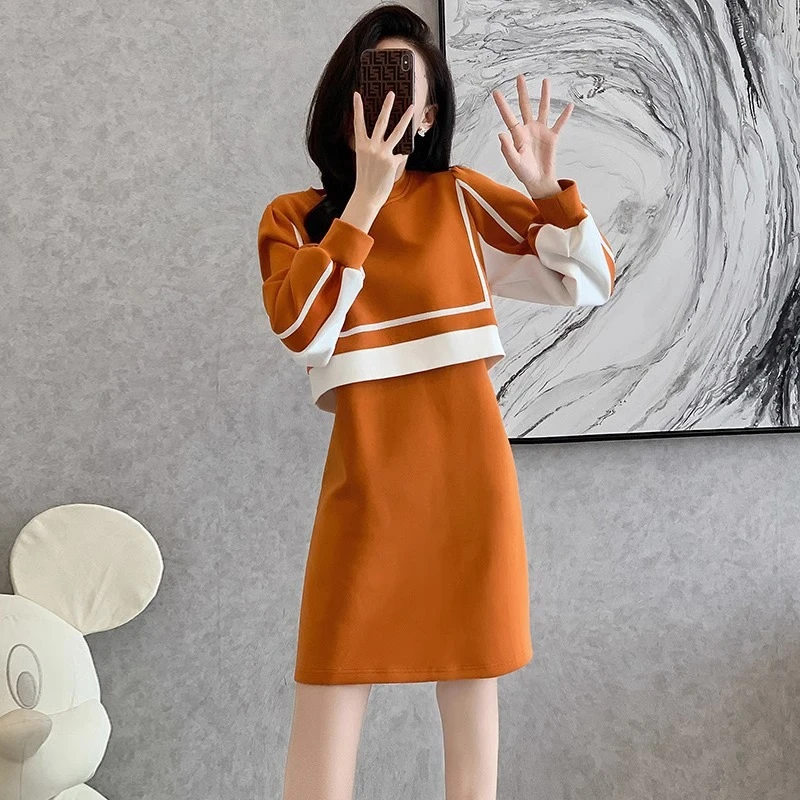 A0042橘色连衣裙女秋2023新款气质女神范收腰显瘦假两件卫衣裙子