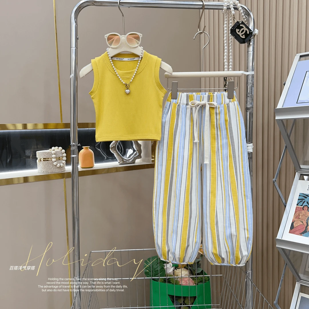 女童背心套装2025夏季新款儿童洋气无袖上衣条纹防蚊裤子两件套潮