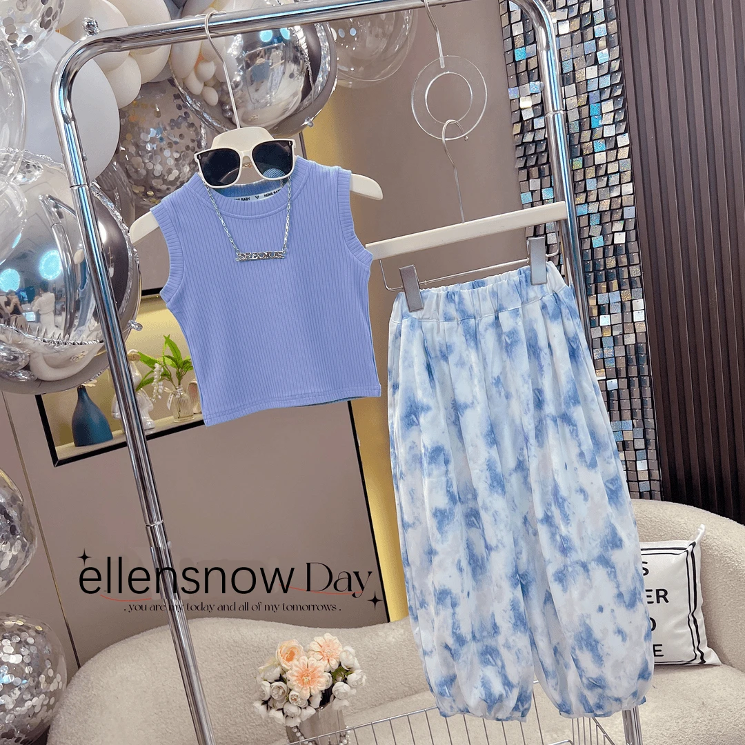 女童背心套装2025夏季新款儿童纯色无袖上衣油画防蚊裤两件套韩版