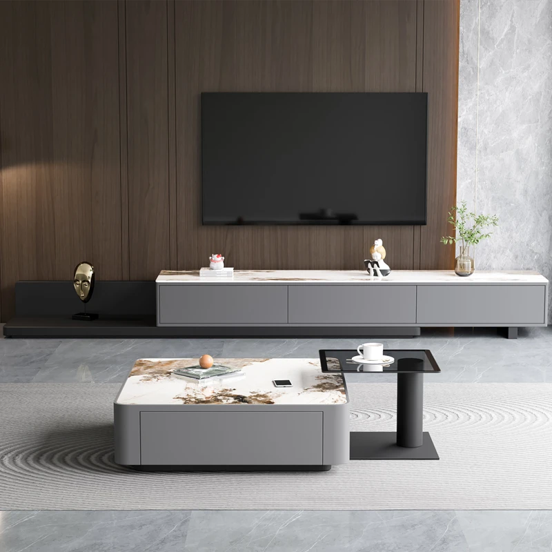 意式轻奢客厅小户型新款多功能储物伸缩电视柜茶几组合泡茶边几