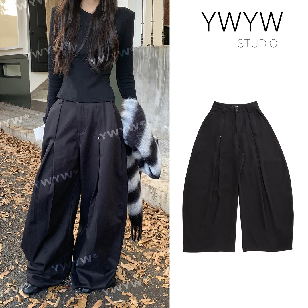 【YWYW24F/W】秋冬纯色复古百搭宽松收褶弧形加厚抓绒弯刀裤3381