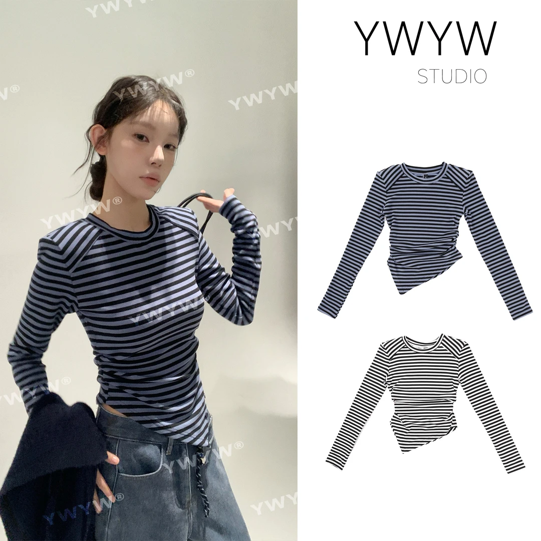 【福利款NO退换】冬季百搭条纹气质圆领不规则收褶长袖体恤3388