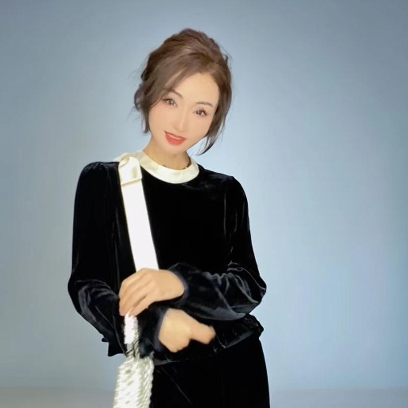 轻奢女装简约大方显瘦气质网红时尚百搭打底黑色秋冬复古洋气长袖