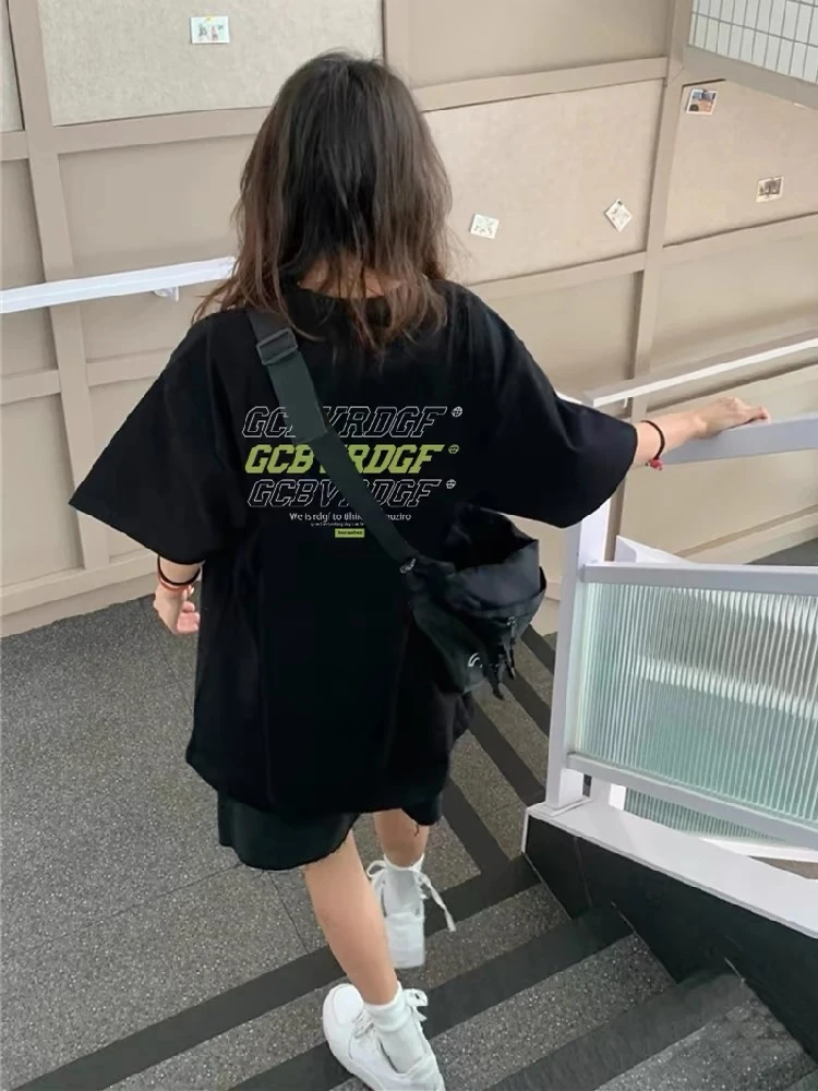 黑色半袖女2024夏季韩版美式复古t恤短袖洋气纯棉体恤女半袖上衣