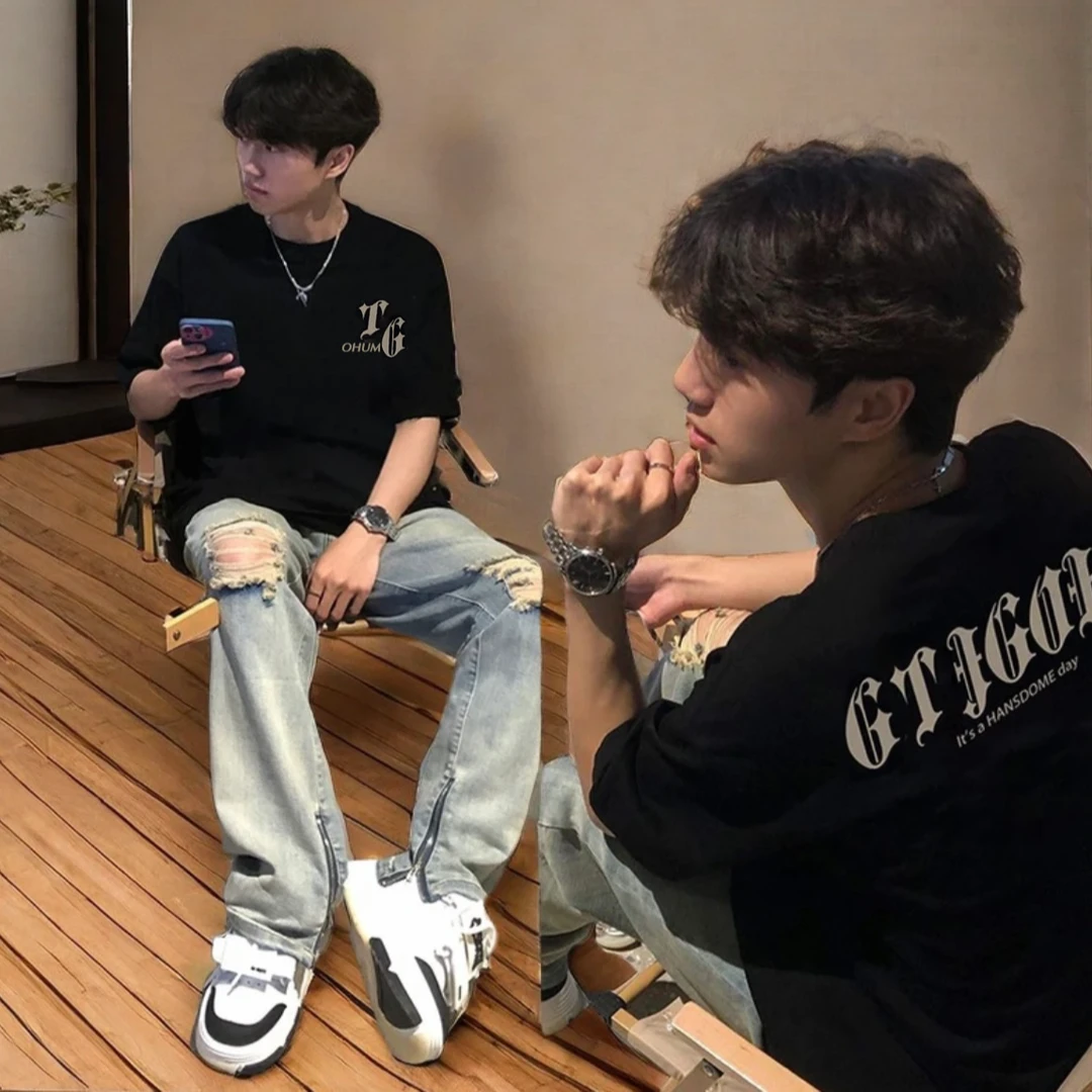 黑色短袖t恤男款夏季新款潮牌韩版潮流美式高街重磅宽松情侣男装