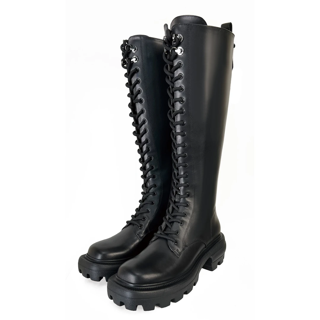 JR/JR秋冬系带橡胶厚底高筒靴时尚骑士百搭黑色长筒靴女-BR53804