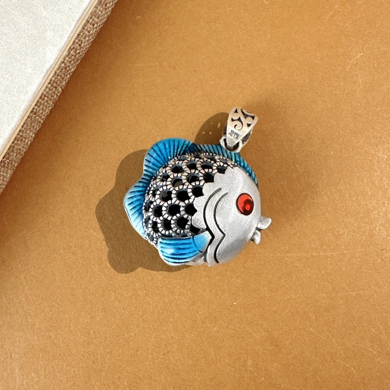 吊坠足银 999足银蓝色嘟嘟鱼吊坠新中式国风做旧银制品烧蓝