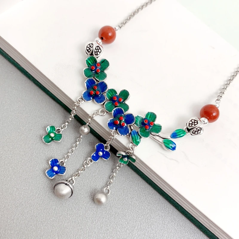 坠链均925银珐琅 梅花流苏项链景泰蓝配饰烧蓝时尚饰品民族风百搭