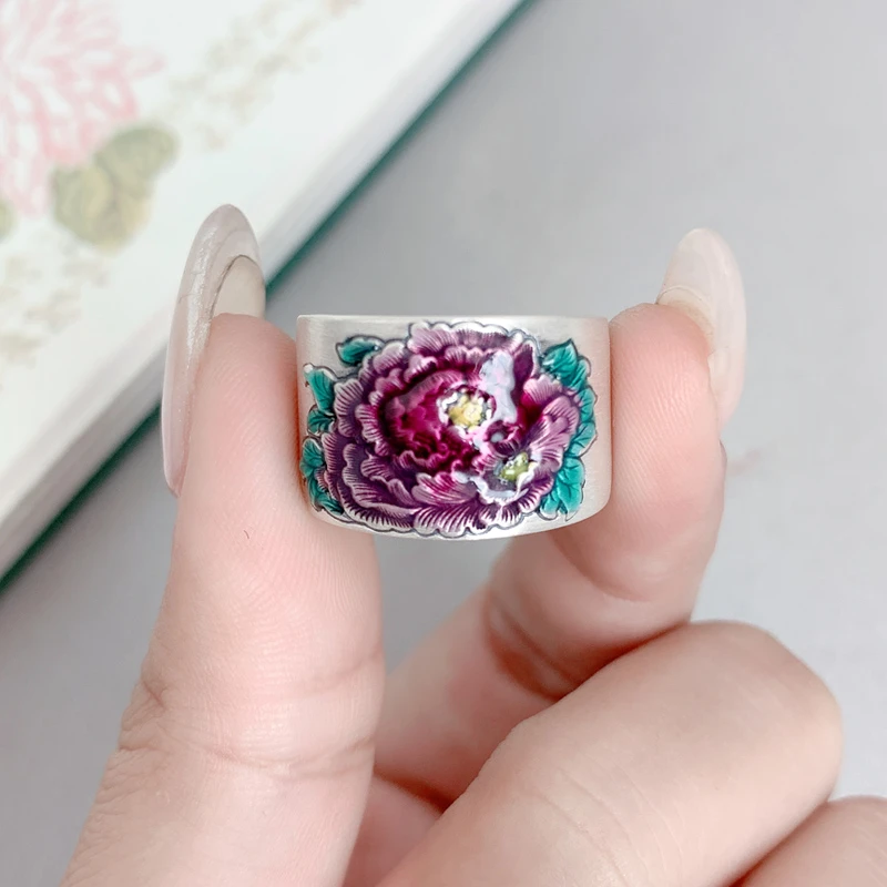 足银珐琅戒指 牡丹宽版戒指烧蓝手工景泰蓝民族风银制品