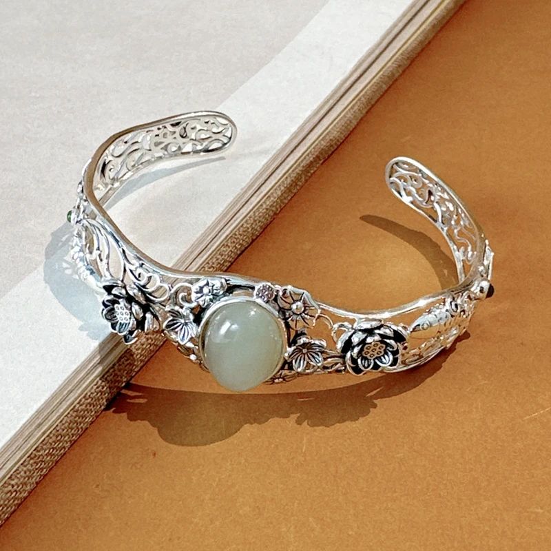 925纯银和田玉荷塘月色手镯纯手工民族风银制品气质