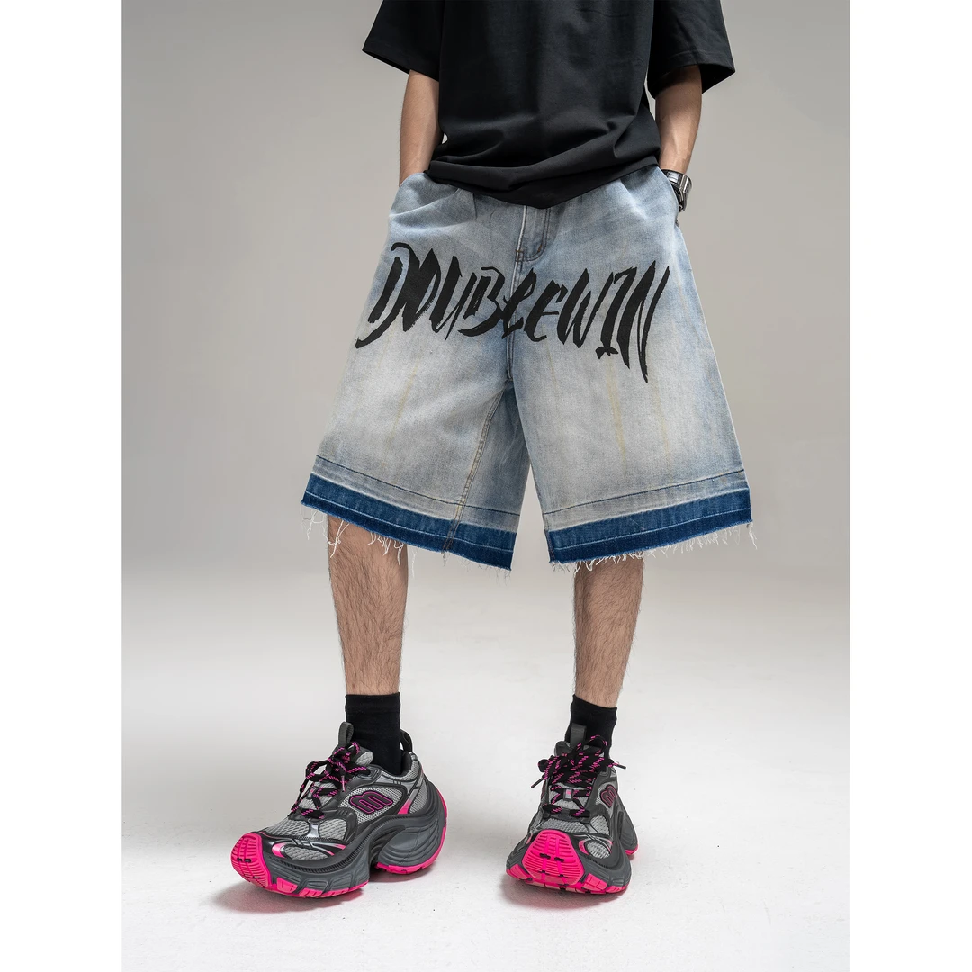 DBWDoublewinDBW印花休闲水洗牛仔短裤美式直筒裤复古宽松潮流