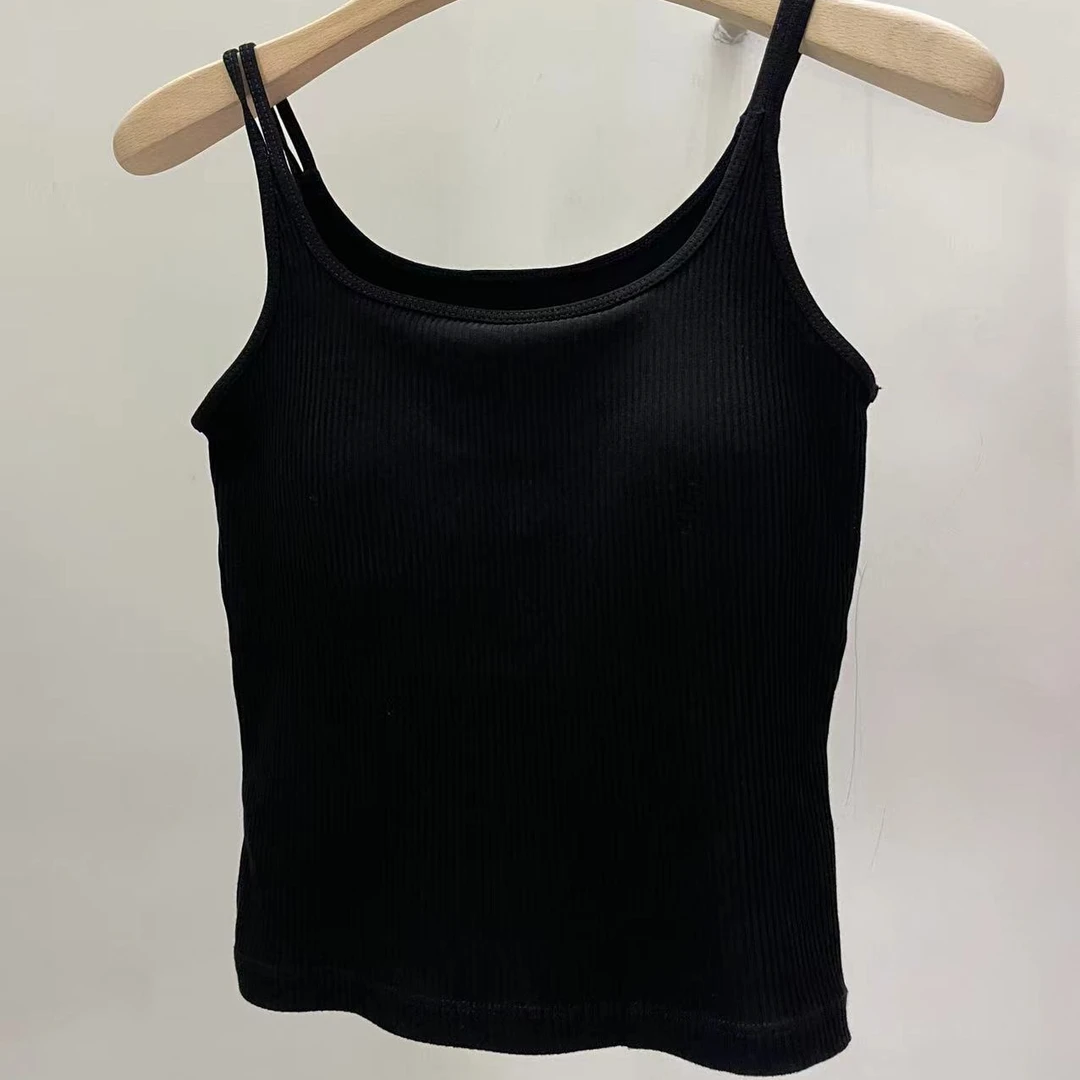 新款欧货双肩带自带胸垫裸穿竖纹理显瘦好搭吊带背心黑色内搭打底