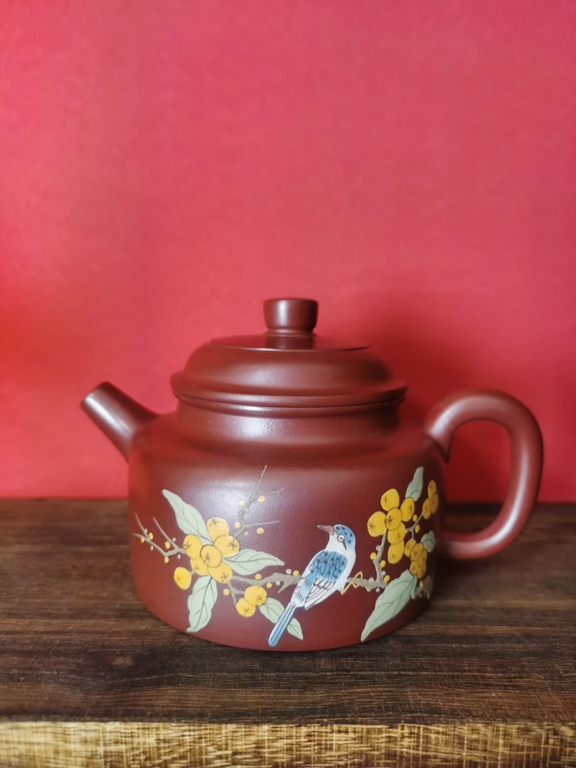 宜兴紫砂壶喜鹊泥绘德钟老紫泥精品130cc