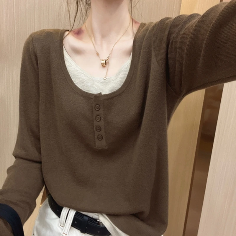 2023新款秋季套头假两件针织衫女羊毛百搭内搭打底薄款长袖上衣潮