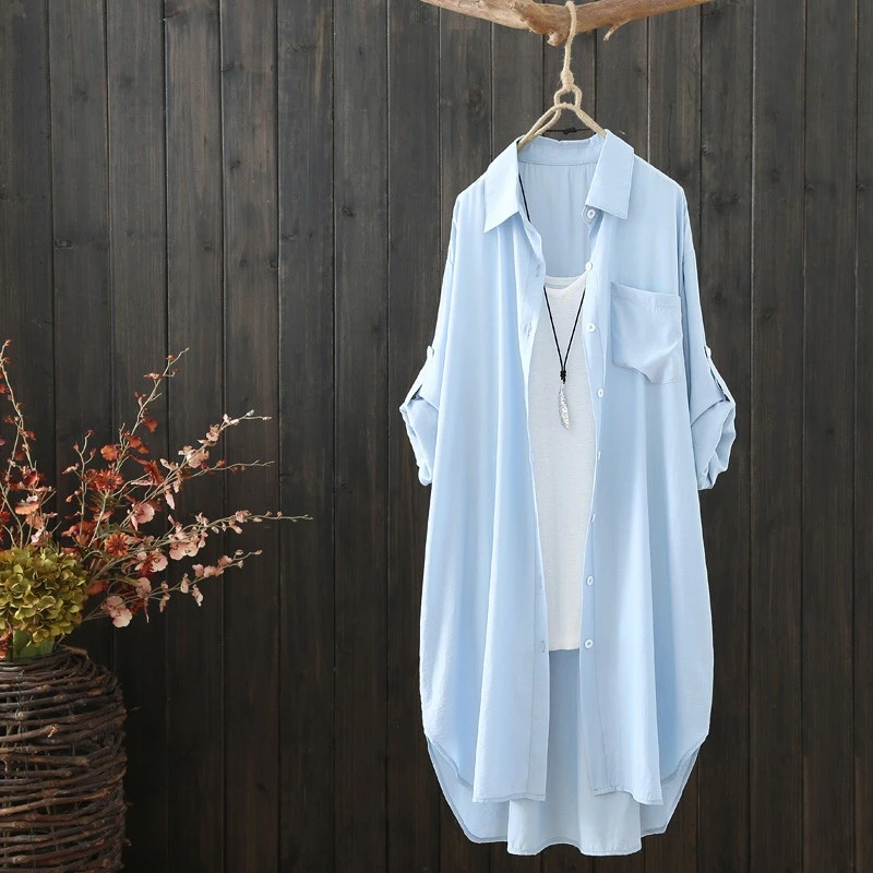 夏季2023年新品中长款纯色衬衫女长袖防晒衣宽松垂感开衫薄外套女