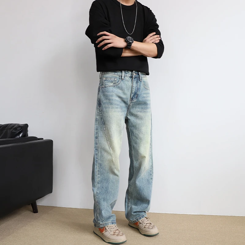 秋冬百搭美式复古长裤男士潮牌做旧水洗黄泥蓝浅色拼接直筒裤男款