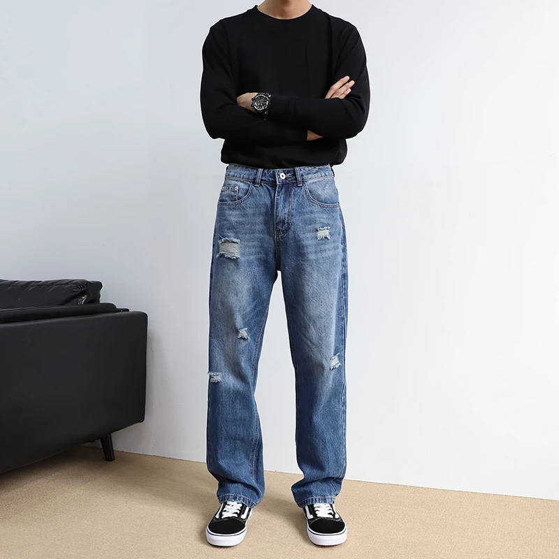 水洗蓝色破洞美式复古显瘦牛仔裤男款春秋休闲痞帅百搭宽松直筒裤