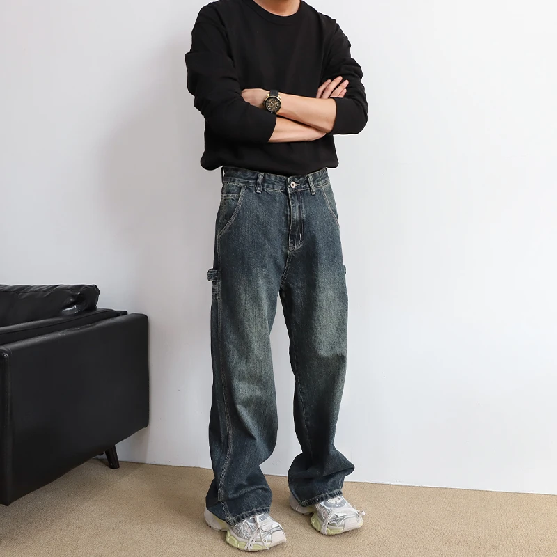 春季日系复古蓝色水洗牛仔裤男直筒百搭宽松阔腿裤男款cleanfit裤