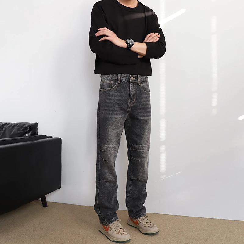 美式复古黑灰牛仔裤男士做旧vintage 风宽松直筒裤男潮牌痞帅长裤
